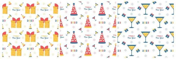 Set of Happy New Year 2023 Seamless Pattern Design with Decoration in Template Hand Drawn Cartoon Flat Illustration vector