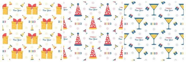 Set of Happy New Year 2023 Seamless Pattern Design with Decoration in Template Hand Drawn Cartoon Flat Illustration vector