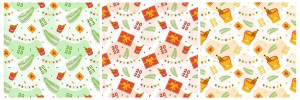 Set of Happy New Year 2023 Seamless Pattern Design with Decoration in Template Hand Drawn Cartoon Flat Illustration vector