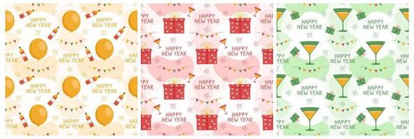 Set of Happy New Year 2023 Seamless Pattern Design with Decoration in Template Hand Drawn Cartoon Flat Illustration vector
