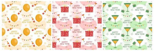 Set of Happy New Year 2023 Seamless Pattern Design with Decoration in Template Hand Drawn Cartoon Flat Illustration vector