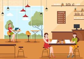 Internet Cafe of Young People Playing Games, Workplace use a Laptop, Talking and Drinking in Flat Cartoon Hand Drawn Templates Illustration vector