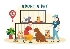 Adopt a Pet From an Animal Shelter in the Form of Cats or Dogs to Care for and Look After in Flat Cartoon Hand Drawn Templates Illustration vector