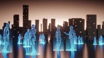 estilo holograma de personas azules, trabajo y comunicación en una ciudad futurista, cielo naranja