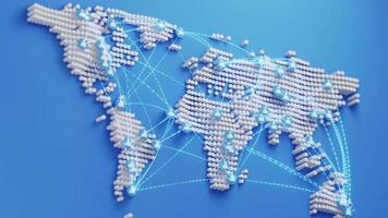 World Map with user icon, Communication Concept, technology network, line stripe connection, cylinder white world map on blue background, copy space for text, camera moves out