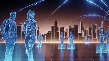 Hologrammstil für blaue Menschen, Arbeit und Kommunikation in futuristischer Stadt, orangefarbener Himmel, Kamerawagen heraus video