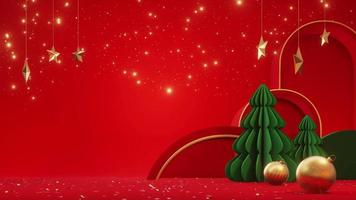 3d cylinder pedestal podium with geometric pipe tree. gold sphere ball on ground.Minimal merry christmas scene for Promotion display. in studio room. red wall background. 4k resolution video