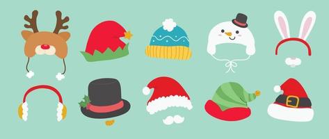 Set of cute winter and autumn headwear vector illustration. Collection of reindeer, santa, snowman, elf, knitting hats, top hat, caps, rabbit headband for cold weather. Design for card, comic, print.