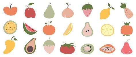 conjunto de vectores de iconos de frutas. colección de frutas naturales lindas dibujadas a mano estilo doodle, manzana, mango, sandía, tomate, naranja, fresa, limón. ilustración de diseño para pegatinas, decoración, impresión.