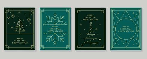 conjunto de vectores de diseño art deco de tarjetas de navidad y año nuevo de lujo. adorno, copo de nieve, brillo, árbol de navidad con arte de línea dorada. ilustración de diseño para portada, tarjeta de felicitación, impresión, publicación, sitio web.