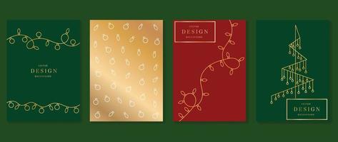 Set of luxury christmas invitation card art deco design vector. Decorative light wire golden line art on red, green and gradient gold background. Design for cover, greeting card, print, post, website. vector