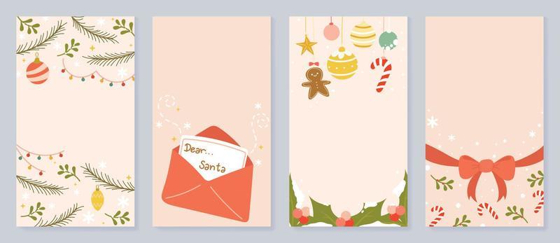 Set of christmas template poster. Christmas decorative element of pine leaves, letter to santa, bauble, holly, snow, bow. Design illustration for banner, card, social media, advertising, website.