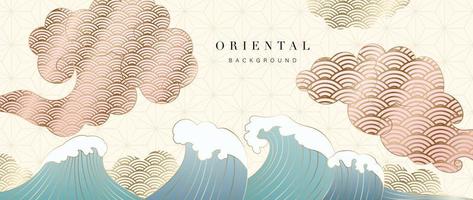 Luxury gold oriental style background vector. Wallpaper design with cloud and ocean wave in Chinese and Japanese oriental pattern line art with gradient golden texture for decoration, wall decor. vector