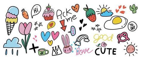 Cute doodle elements vector set. Hand drawn vibrant color collection of ice cream, tulip, strawberry, cupcake, rabbit, heart, scribble isolated on white background. Design for sticker, comic, print.