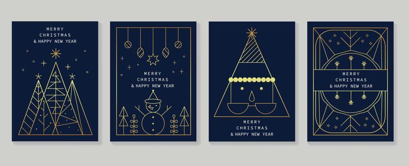 Set of luxury christmas and new year card art deco design vector. Elegant gradient gold line art of geometric christmas tree, bauble, snowman. Design for cover, greeting card, print, post, website.