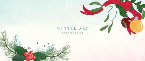 Christmas and watercolor winter botanical leaves background vector. Decorative hand painted pine leaves, holly, berry, ribbon, mistletoe, bauble. Design for wallpaper, cover, invitation card, poster. vector