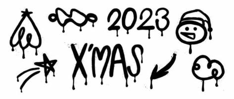 Set of christmas and new year 2023 elements black spray paint vector. Graffiti, grunge elements of snowman, star, abstract shape on white background. Design illustration for decoration, card, sticker. vector