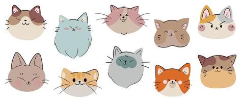 cabezas de gato lindas y sonrientes conjunto de vectores de garabatos. gato de dibujos animados o gatito esponjoso se enfrenta a la colección de diseño de personajes con color plano aislado en fondo blanco. ilustración de diseño para pegatina, cómic, impresión.