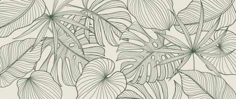 Tropical foliage background vector. Elegant hand drawn tropical monstera and palm leaves line art background. Design illustration for decoration, wall decor, wallpaper, cover, banner, poster, card. vector