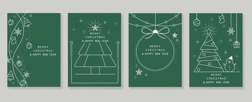 conjunto de vectores de diseño art deco de tarjetas de navidad y año nuevo de lujo. elemento de navidad línea blanca de bola, árbol, muñeco de nieve, regalo sobre fondo verde. diseño para portada, tarjeta de felicitación, impresión, publicación, sitio web.