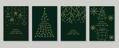 conjunto de vectores de diseño art deco de tarjetas de navidad y año nuevo de lujo. bola de adorno, hoja de pino, arte de línea dorada de árbol de navidad sobre fondo verde oscuro. diseño para portada, tarjeta de felicitación, impresión, publicación, sitio web.