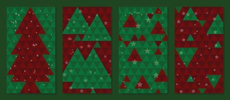 Set of christmas template poster. Triangle pixel red and green pattern background with christmas tree shape, snow, star. Design illustration for banner, card, social media, advertising, website. vector