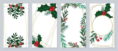 Set of christmas template poster. Decorative winter botanical leaves with gold frame, holly, berry, mistletoe, pine leaves. Design illustration for banner, card, social media, advertising, website. vector