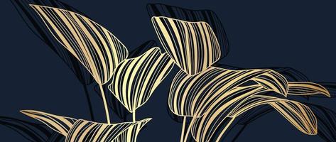 Luxury golden leaves line art background vector. Natural tropical leaf gold line art on dark background. Design illustration for decoration, wall decor, wallpaper, cover, banner, poster, card. vector