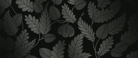 vector de fondo negro de hojas tropicales. elegantes hojas botánicas naturales dibujadas a mano con fondo descolorido. ilustración de diseño para decoración, decoración de paredes, papel pintado, portada, pancarta, afiche, tarjeta.