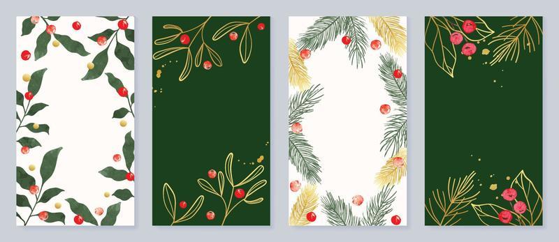 Set of christmas template poster. Decorative elements of watercolor botanical leaves, pine leaf, mistletoe, gold line art. Design illustration for banner, card, social media, advertising, website.
