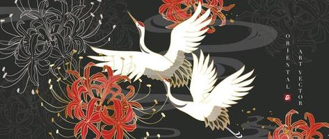 Luxury gold oriental style background vector. Chinese and Japanese wallpaper pattern design of elegant crane birds and flowers with gold line texture. Design illustration for decoration, wall decor. vector