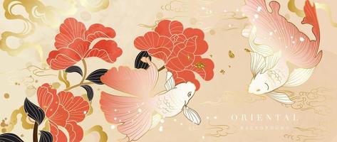 vector de fondo de estilo oriental dorado de lujo. diseño de papel tapiz con elegantes peces dorados chinos y flores con textura de onda de agua de oro degradado oriental. ilustración de diseño para decoración, decoración de paredes.