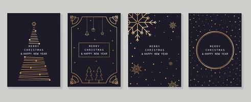 Set of luxury christmas and new year card art deco design vector. Elegant gradient gold line art of christmas tree, snowflake on dark background. Design for cover, greeting card, print, post, website. vector