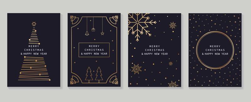 Set of luxury christmas and new year card art deco design vector. Elegant gradient gold line art of christmas tree, snowflake on dark background. Design for cover, greeting card, print, post, website.