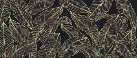 Luxury tropical leaves line art background vector. Elegant hand drawn tropical foliage gold line art background. Design illustration for decoration, wall decor, wallpaper, cover, banner, poster, card. vector