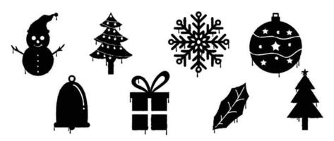 conjunto de elementos navideños negros vector de pintura en aerosol. graffiti, grunge, elementos de silueta de muñeco de nieve, copo de nieve, adorno, árbol sobre fondo blanco. ilustración de diseño para decoración, tarjeta, pegatina.