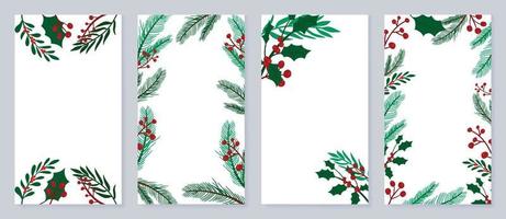 Set of christmas template poster. Decorative winter botanical leaves element frame of pine, holly, berry, mistletoe foliage. Design illustration for banner, card, social media, advertising, website. vector