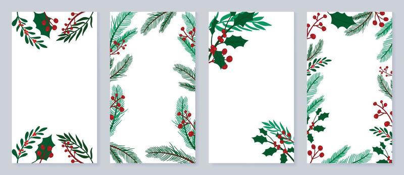 Set of christmas template poster. Decorative winter botanical leaves element frame of pine, holly, berry, mistletoe foliage. Design illustration for banner, card, social media, advertising, website.