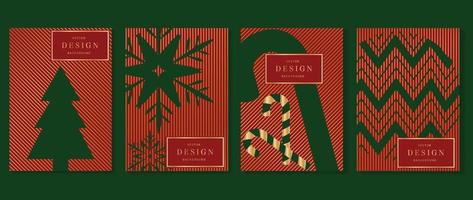 Set of luxury christmas invitation card art deco design vector. Green snowflake, tree, candy cane on gold striped lines with red background. Design for cover, greeting card, print, post, website. vector