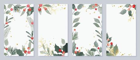 Set of christmas template poster. Decorative elements of watercolor botanical leaves, pine leaf, holly, berry, gold line art. Design illustration for banner, card, social media, advertising, website. vector