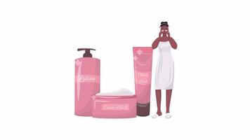 Animated skin treatment concept. Routine care products. Looped 2D cartoon flat character on white with alpha channel transparency for web design. HD video footage. Ad creative idea animation