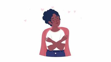 personaje animado que se abraza a sí mismo. sintiendo felicidad con abrazo. persona plana de medio cuerpo sobre fondo blanco con transparencia de canal alfa. imágenes de video hd de estilo de dibujos animados coloridos para animación