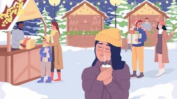 Animated xmas market illustration. Lady with hot cocoa drink. Cristmastime activities. Looped flat color 2D cartoon characters animation on festive fair background. HD video with alpha channel