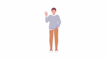 Animated male character. Greeting man. Casual outfit. Full body flat person on white background with alpha channel transparency. Colorful cartoon style HD video footage for animation