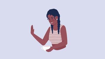 animierte weibliche Figur winkt. Kaffeepause machen. halbkörperflache person auf pastellviolettem hintergrund mit alphakanaltransparenz. HD-Videomaterial im farbenfrohen Cartoon-Stil für Animationen video