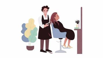 Animated hair service characters. Stylist doing haircut. Full body flat people on white background with alpha channel transparency. Colorful cartoon style HD video footage for animation