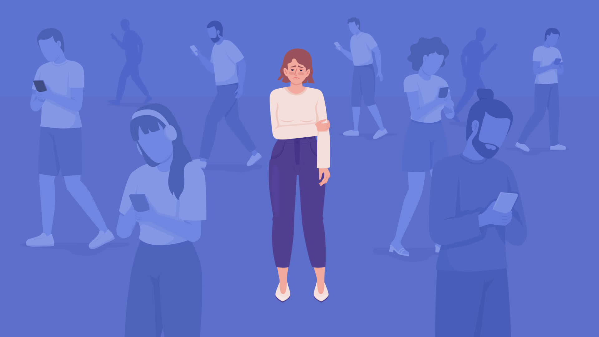 Animated alone in crowd illustration Social anxiety in public Feeling