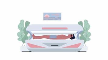 Animated character in tanning bed. Man lying in horizontal solarium. Full body flat person on white background with alpha channel transparency. Colorful cartoon style HD video footage for animation