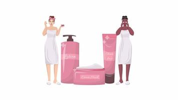 Animated cosmetics concept. Treatment products for skin. Looped 2D cartoon flat characters on white with alpha channel transparency for web design. HD video footage. Promotion creative idea animation