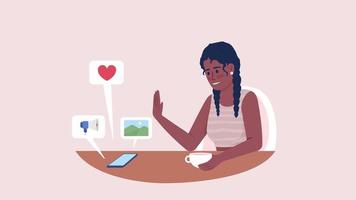 personaje animado en tiempo de descanso. desconectarse de las redes sociales. persona plana de medio cuerpo sobre fondo rosa con transparencia de canal alfa. imágenes de video hd de estilo de dibujos animados coloridos para animación